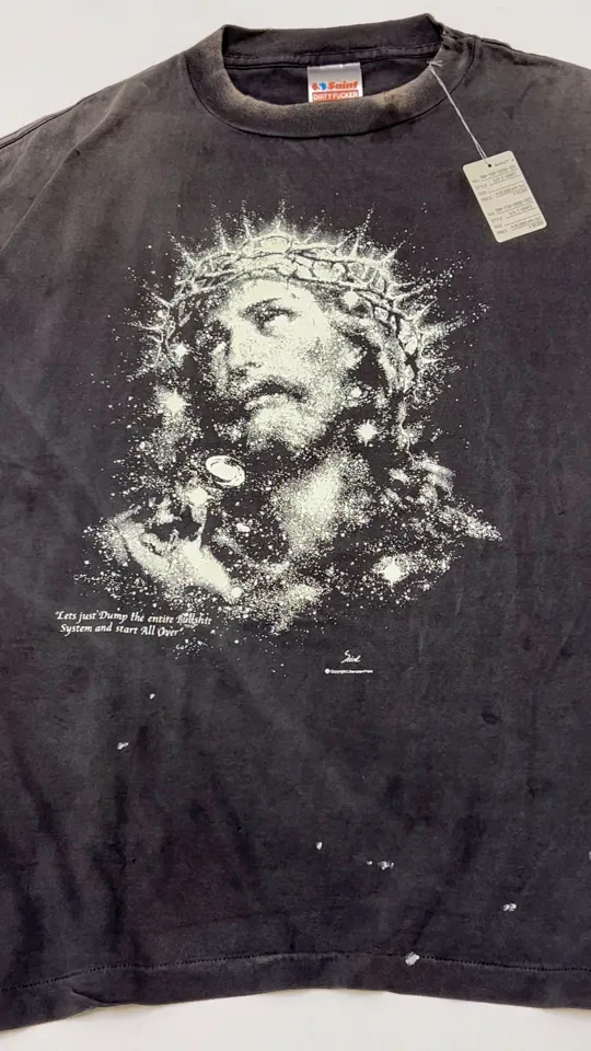 SAINT Mxxxxxx SS TEE/JESUS/BLK Luminous thorn Jesus, washed black S-XL, ready-to-wear vulcanized parts dyeing, heavy washing water spray fading, simulating natural fading texture, creating new vintage effect on the ceiling, environmentally friendly luminous paste imported from Japan, significant luminous effect, tube-woven OE yarn fabric, correct accessories, top purchasing agent level